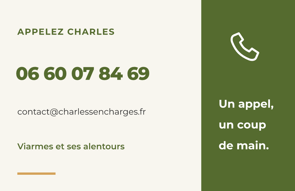 Proximité — Carte · Verso. Besoin d’un coup de main ? Charles s’en charge. 06 60 07 84 69. contact@charlessencharges.fr. Viarmes et ses alentours.